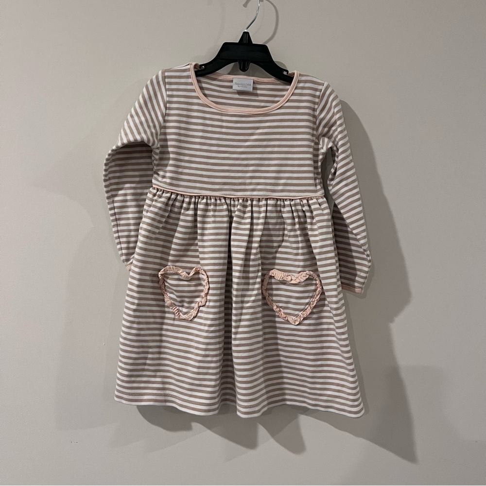 Squiggles By Charlie Tan And White Striped Girls Dress Pima Cotton 6 Pockets